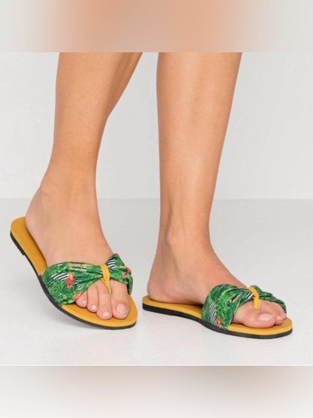 Havaianas Green Tropical Knot Slide Sandals with Yellow Footbed I Size 37-38
